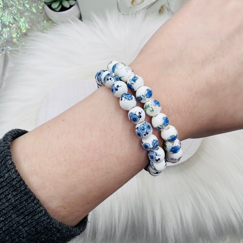 Chinese-Style Ceramic Flower Blue Beaded Bracelet Bundle